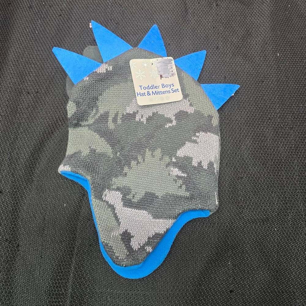 Toddler Boys Dinosaur Camo Hat & Mittens Set